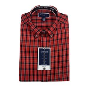 Club Room Mens Slim Fit 4-Way Stretch Plaid Dress Shirt Red Black 14-14.5